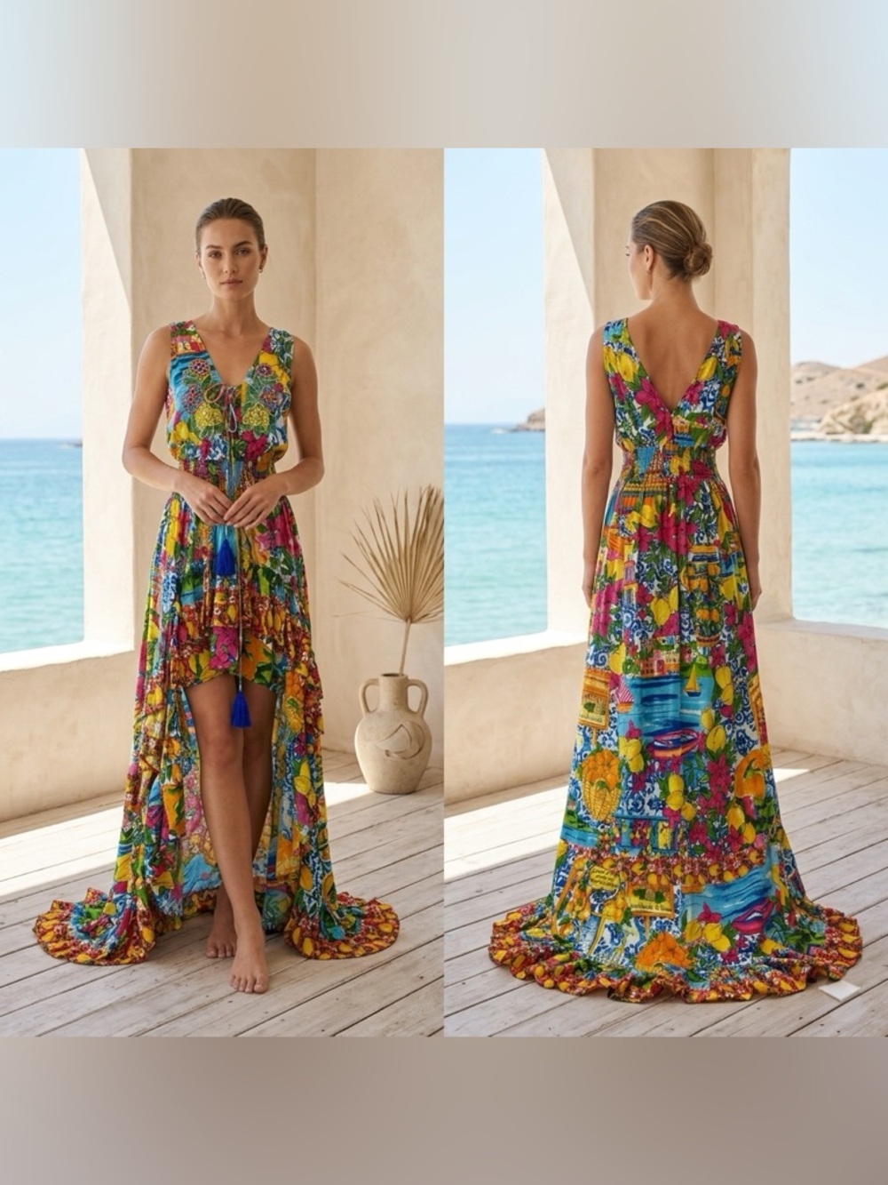 Antica Sartoria Italian Resortwear Lemon & Floral Beaded High-Low Dress NWT